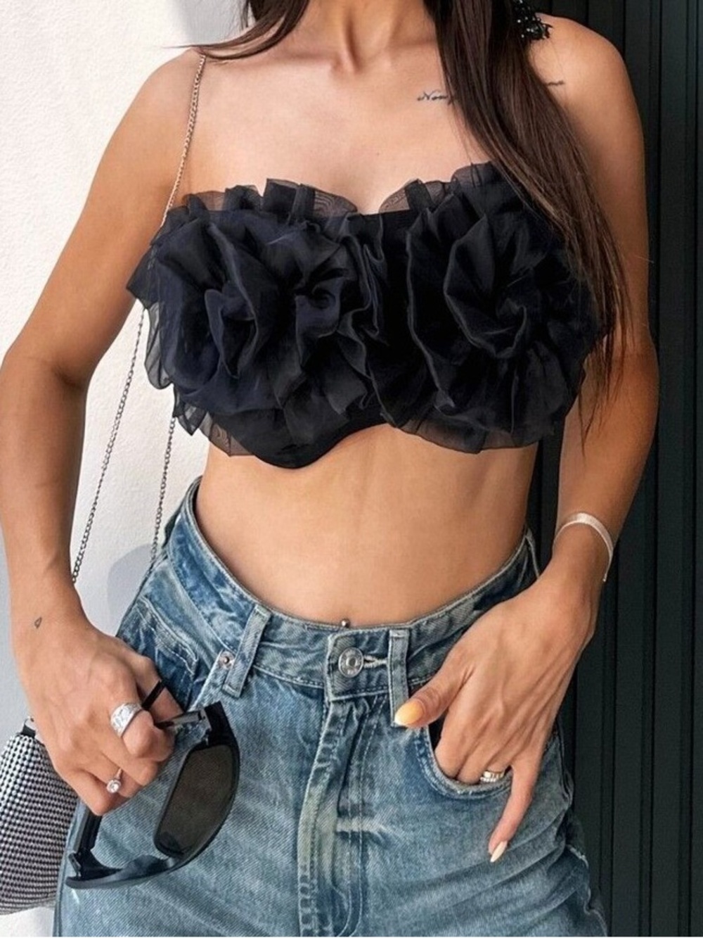 Zara Black Ruffled Floral Bandeau Top
